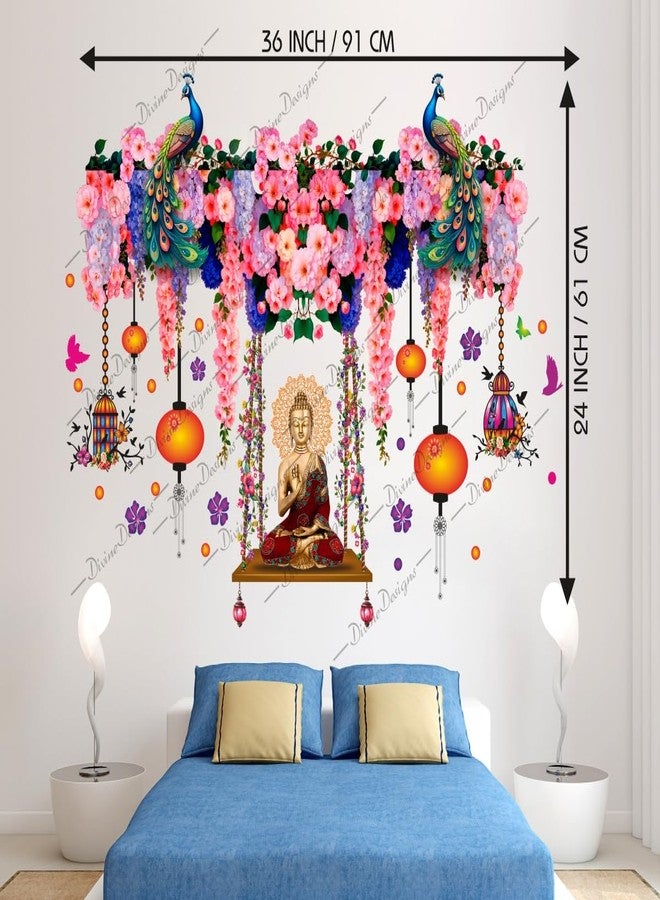 DivineDesigns ملصق حائط من الفينيل PVC بتصميم غوتاما بوذا وطاووس وزهور وردية (متعدد الألوان) من تصميم DivineDesigns - Image 3